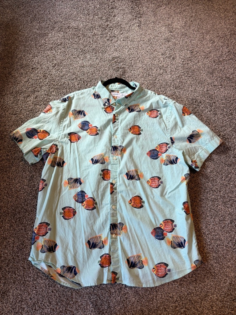 Old Navy Light Aqua Short-Sleeve Button-Down with Orange & Navy Fish Print